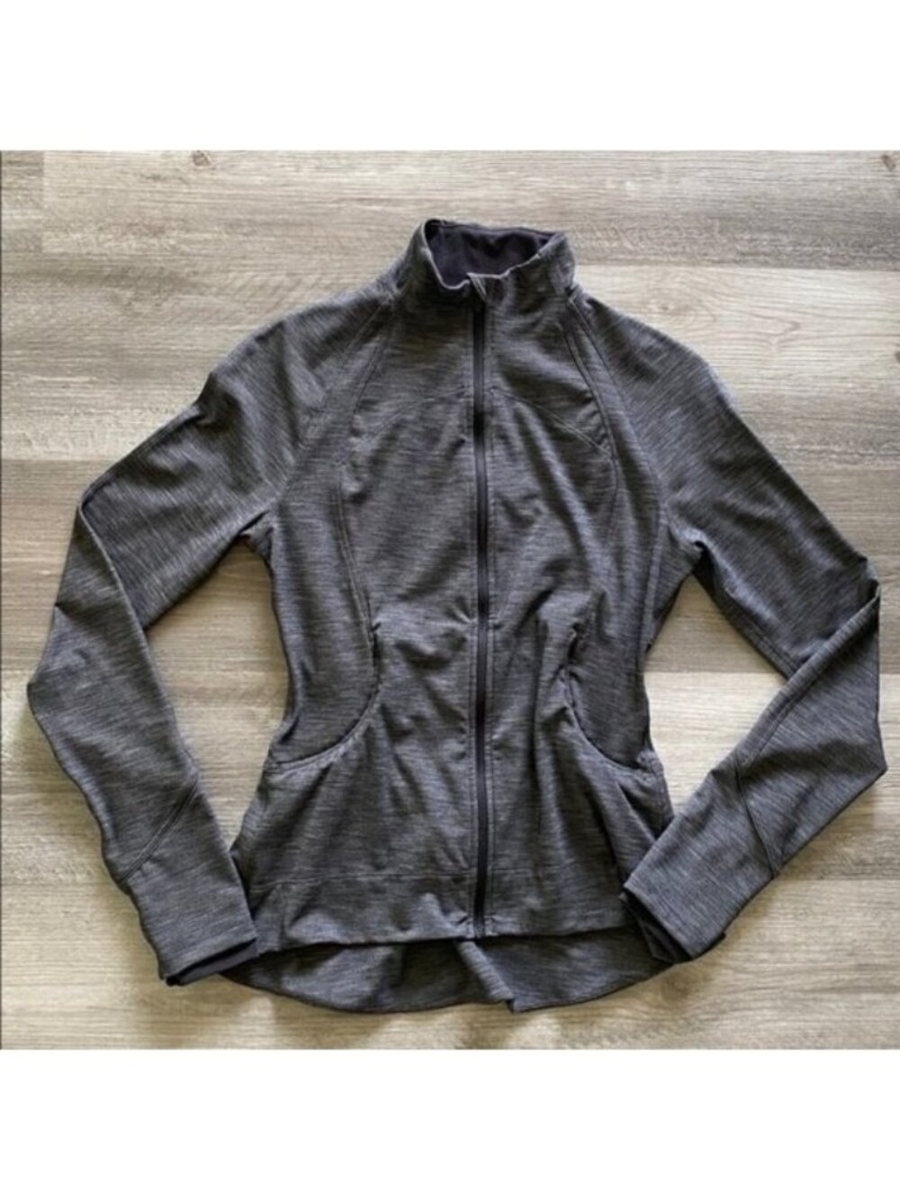 Lululemon Define Jacket Gray Black Full Zip Pockets Peplum Thumb Holes Yoga Sz 6